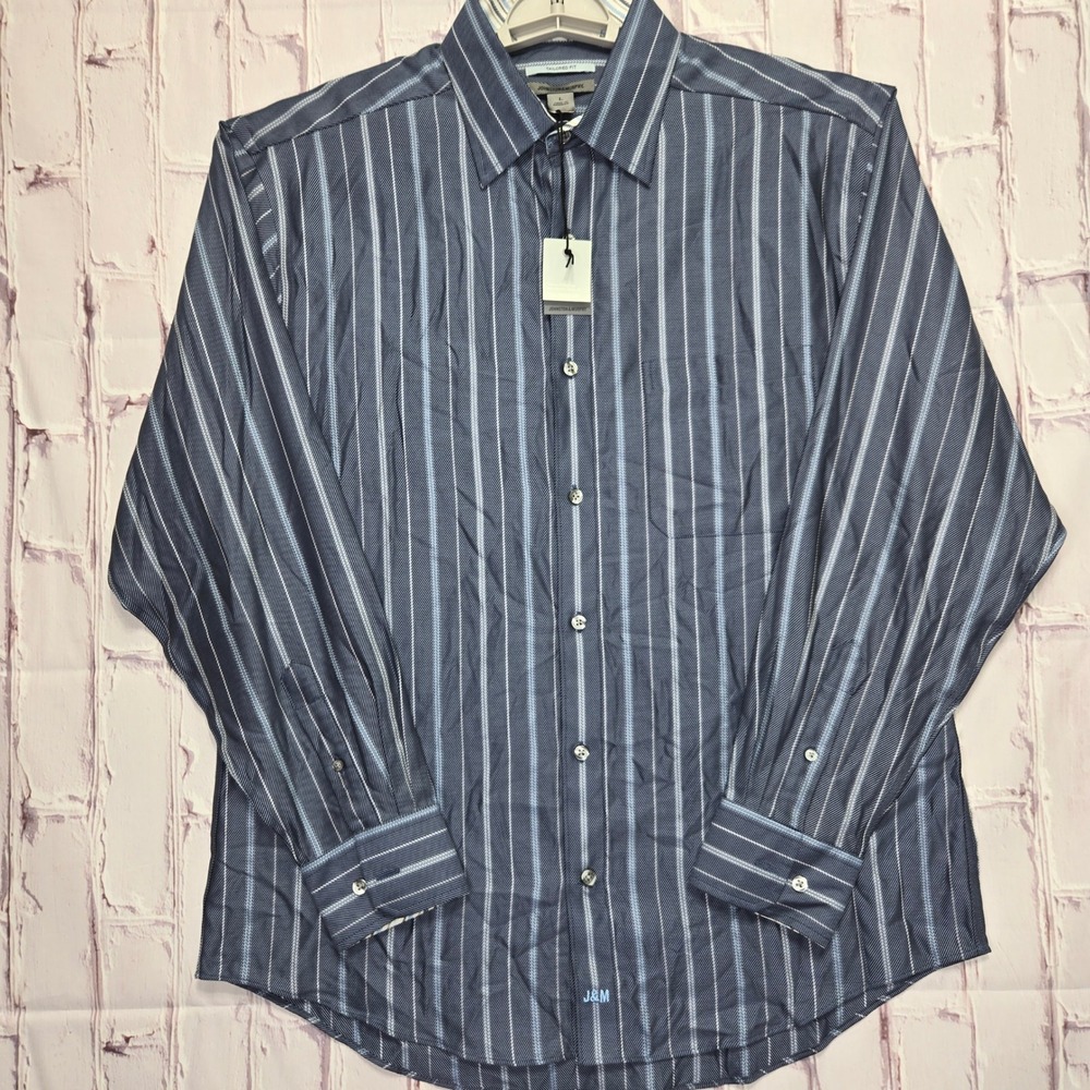 Johnston & Murphy Dress Shirt Navy Striped Button Up Tailored Fit  Cotton Mens L